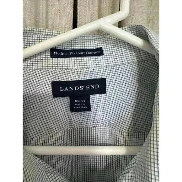 Lands’ End mens blue pinstripe checkered button up size 16.5 x 33 X-Large - Picture 6 of 8